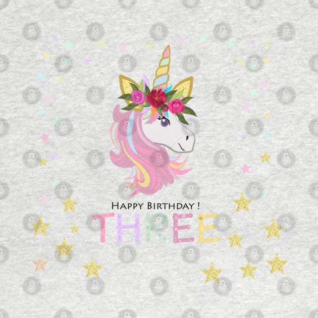 Third birthday greeting. Three. Magical Unicorn Birthday invitation. Party invitation greeting by GULSENGUNEL